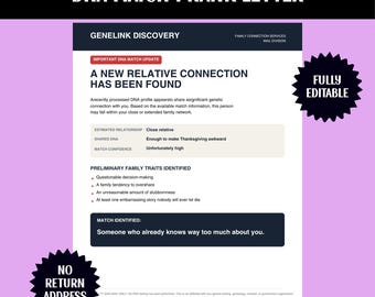 Carta de broma con falsa coincidencia de ADN / Correo sorpresa familiar original (totalmente editable)