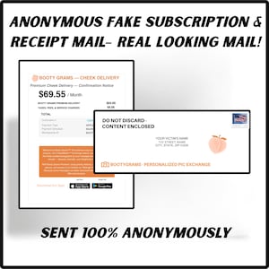 May include: Image of two pieces of mail. One is a receipt with the text "BOOTY GRAMS - CHEEK DELIVERY" and "$69.55 / Month." The other is an envelope with a peach graphic and the text "DO NOT DISCARD - CONTENT ENCLOSED."