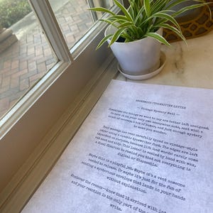 May include: A white pot with a green and white plant sits on a windowsill next to a printed letter. The letter, titled "Vintage Mystery Mail," is typed in a vintage font and signed "Nobody You Know."