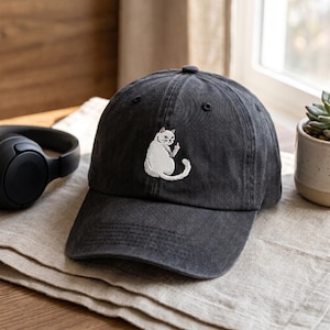 Custom Name Funny Rude Cat Embroidered Dad Hat Grumpy White Cat Vintage Washed Baseball Cap Sarcastic Cat Lover Gift Cute Meme Hat