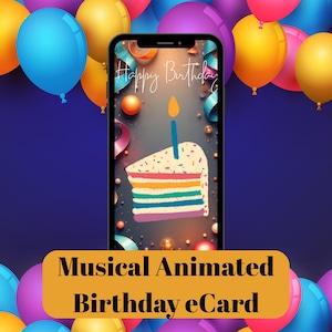 May include: A smartphone displays a birthday eCard with a slice of rainbow cake and a lit candle. The background features colorful balloons and the text "Happy Birthday." The eCard is labeled "Musical Animated Birthday eCard."
