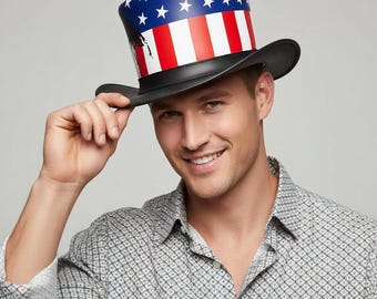 Leren hoge hoed Amerikaanse vlag | Handgemaakte hoed in patriottische westerse stijl