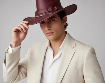 Handmade Burgundy Leather Outback Hat with Chain Band Western Cowboy Style For Unisex