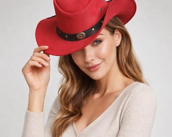 Handgemachter roter Filz-Cowboyhut im Westernstil für Damen mit klassischer breiter Brisur