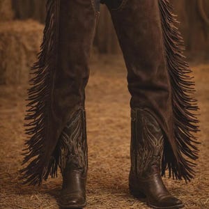 May include: Brown leather cowboy boots and chaps with decorative stitching and long fringe. The boots have a pointed toe and a stacked heel. The chaps are made of a soft suede-like material.