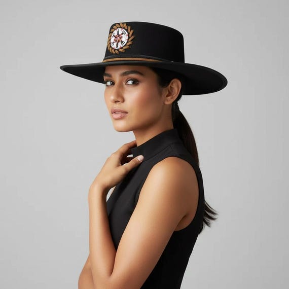 Black suede beaded hat Mystic Black Cowboy Hat: Handmade Suede Western Outback Hat  main image 2