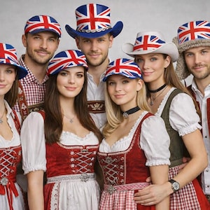 May include: Group of people wearing traditional German attire and hats featuring the Union Jack flag. The outfits include red and white dresses, vests, and caps. The hats vary in style, including baseball caps, a top hat, and a cowboy hat.