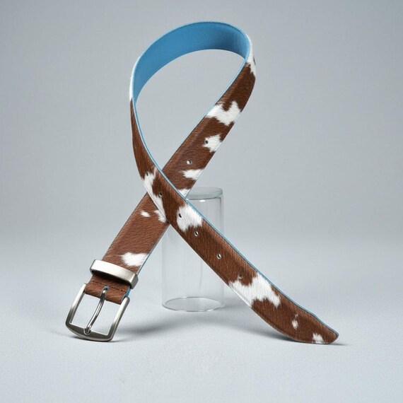 Handmade Cowhide Pony Hair Leather Belt Brown and White  display picture 2