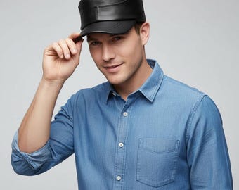 Black Leather Army Cap | Handmade Military Biker Hat for Men and Women