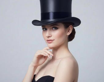 Black Leather Handmade Top Hat with Curved Brim Steampunk Victorian Style