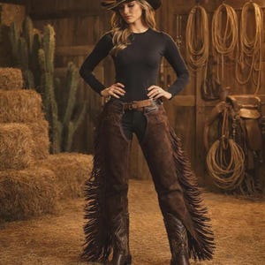 May include: A person wearing a black long-sleeve shirt, brown fringed chaps, a brown belt, and cowboy boots. The person is also wearing a cowboy hat. The background includes hay bales, ropes, and a wooden wall.