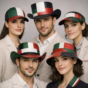 Puede incluir: Un grupo de personas con sombreros con una combinación de colores verde, blanco y rojo. Los sombreros incluyen una gorra de béisbol, un sombrero de vaquero, un sombrero de copa y una visera. Los sombreros tienen un borde negro y son de cuero.