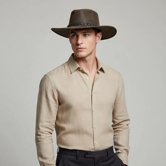 Brown Suede Leather Outback Handmade Hat With Black Braided  display picture 1