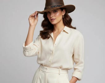 Chapéu de cowboy artesanal em couro marrom, estilo Outback, com faixa trançada preta, para homens e mulheres.