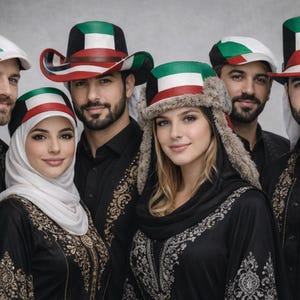 Op de afbeelding: Een groep mensen in traditionele kleding, waaronder hoeden met groen, wit en rode banden. De kleding is overwegend zwart, met gouden en zilveren borduursels. De afbeelding is een studio portret.