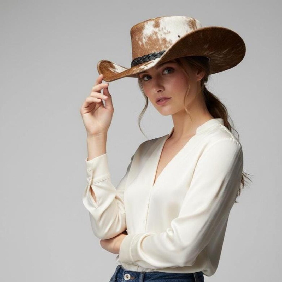 Cowhide-Pattern Women’s Genuine Leather Hat with Braided Band - Brown & White Cowhide Cowboy Hat - Etsy main image 4