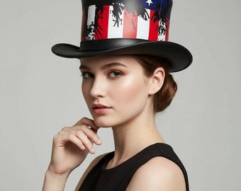 Handmade American Flag Leather Top Hat Black Red White Blue Patriotic Style Unisex
