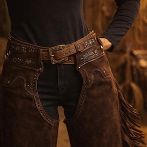 May include: Brown suede chaps with floral detailing and fringe, worn with a brown leather belt. The belt has a decorative buckle. The chaps and belt are embellished with small metal studs.