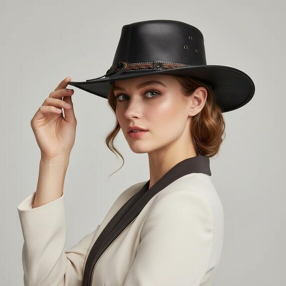 Handmade Black Leather Outback Western Hat With Braided  display picture 1
