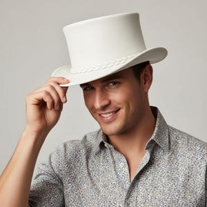 White Leather Top Hat Western Style Unisex Handmade Cowboy Hat