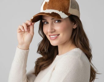 NWT Brown and White Western Style Trucker Hat With Genuine Leather Cowhide Patch Trucker Hat | Stetson main image 3