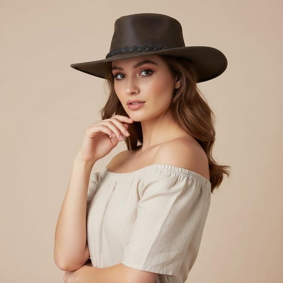 Brown Suede Leather Outback Handmade Hat With Black Braided  display picture 3