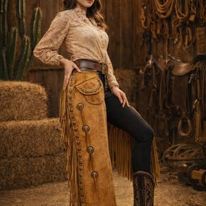 May include: A woman wearing a tan lace long-sleeve shirt, black jeans, and brown leather chaps with fringe and decorative metal accents. The chaps are secured with a brown belt. Brown cowboy boots complete the western look.