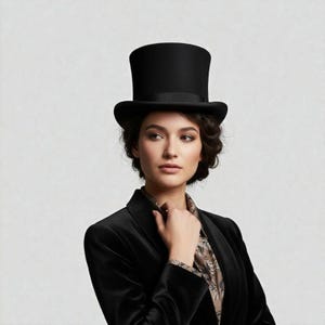May include: A black top hat with a ribbon band. The hat is worn by a person wearing a black velvet blazer and a patterned blouse. The background is a plain, neutral colour.