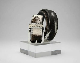 Handmade Black White Cowhide Belt – Genuine Leather Hair On Western Style