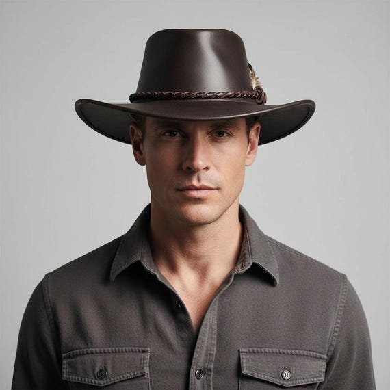 Handmade Black Leather Outback Hat With Braided Band Western  display picture 2