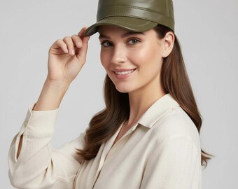 Olivgrün Echtleder Army Cap | Handgefertigte Damen & Herren Militärmütze