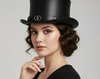 Handmade Black Top Hat with Decorative Rings – Steampunk & Gothic Fashion