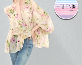 Blusa floral transparente y fluida / Camisa Y2K de manga larga / Conjunto ligero de estilo vintage