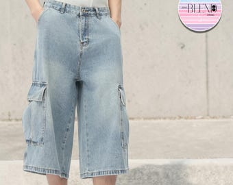 Pantalones cortos cargo holgados / Pantalones cortos vaqueros con múltiples bolsillos / Ropa informal / Estilo streetwear Y2K