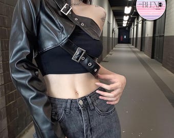 Women's Belted Crop Top | Punk One Sleeve Jacket | Streetwear Fashion Clothing
