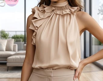 Camisa de gasa con volantes / Top sin mangas con cuello plisado / Ropa de oficina / Estilo urbano chic