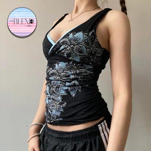 Gothic Blumendruck Tank Top | Y2K Grunge ärmelloser V-Ausschnitt