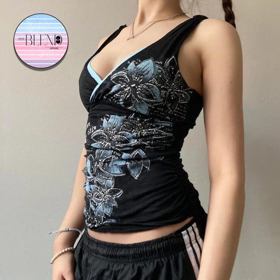 Women's Sleeveless Retro Floral Top | Y2K Grunge Gothic Outfit | Slim Fit Streetwear Shirt