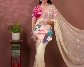 New Soft Chiffon Saree With Roval Handmade Kaccha Gotapatti Work Saree