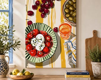 Cherry Olive Table Canvas Wall Art, Mediterranean Kitchen Decor, Foodie Dining Room Print, Summer Dinner Party Gift