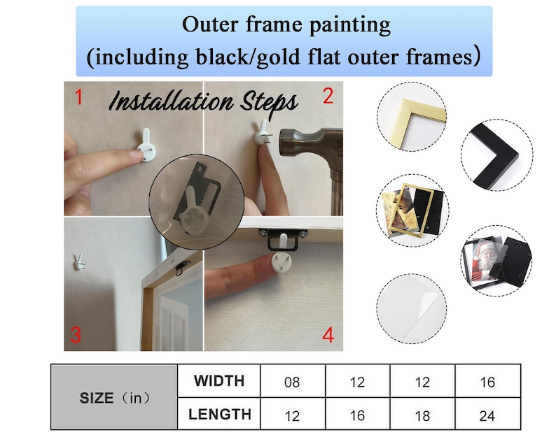 May include: Image showing the installation steps for an outer frame painting, including black and gold flat outer frames. The image includes a size chart with widths from 8 to 16 inches and lengths from 12 to 24 inches.