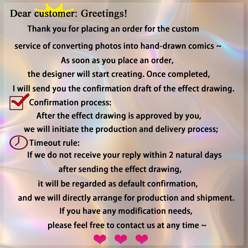 May include: Text on a gradient background reads "Dear customer: Greetings!" and details the process of converting photos into hand-drawn comics. It includes confirmation and timeout rules, and encourages contact for modifications.
