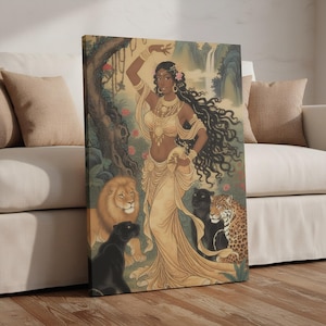 May include: Canvas art print depicting a woman in a gold dress, with jewellery, alongside a lion, black panthers, and a leopard. The artwork has a vintage, illustrative style with a jungle backdrop and waterfall.
