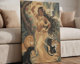 Exotic Jungle Goddess with Big Cats Canvas Wall Art, Afrocentric Tropical Wall Decor, Holiday Gift for Art Lovers, Housewarming Gift