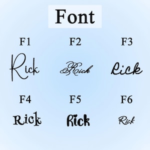 May include: A graphic showcasing various font styles, each displaying the name "Rick." The word "Font" is at the top. The fonts range from elegant cursive to bold, block letters, offering a diverse selection for design projects.