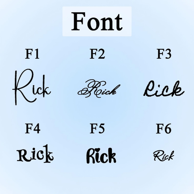 May include: A graphic showcasing various font styles, each displaying the name "Rick." The word "Font" is at the top. The fonts range from elegant cursive to bold, block letters, offering a diverse selection for design projects.