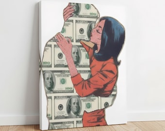 Pop Art Money Hug Canvas Wall Art, Retro Comic Style Dollar Bill Wall Decor, Holiday Home Decor Gift, Gift For Her, Wealth-Themed Wall Art