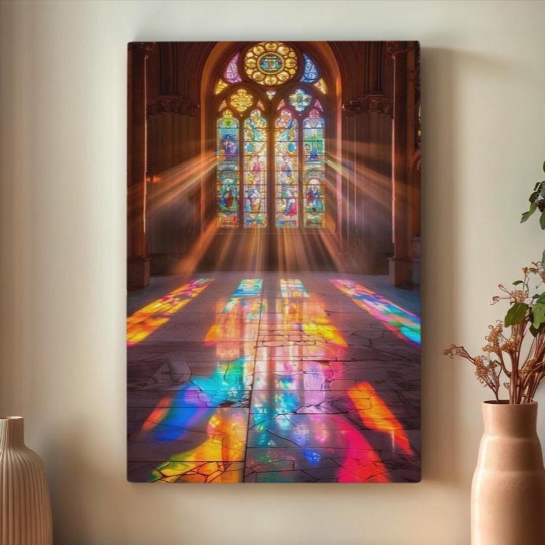 Stained Glass Window in Cathedral With Sunbeams & Colorful Light ...