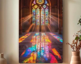 Stained Glass Window in Cathedral with Sunbeams & Colorful Light Reflections Canvas Wall Art, Holiday Illustration, Room Decoration Gift