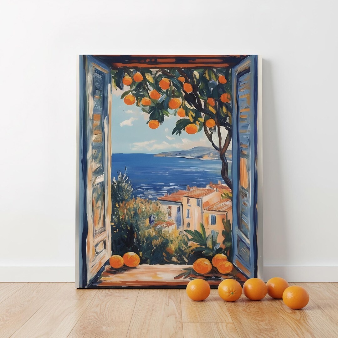 Mediterranean Orange Tree Window View Canvas Wall Art, Impressionist ...